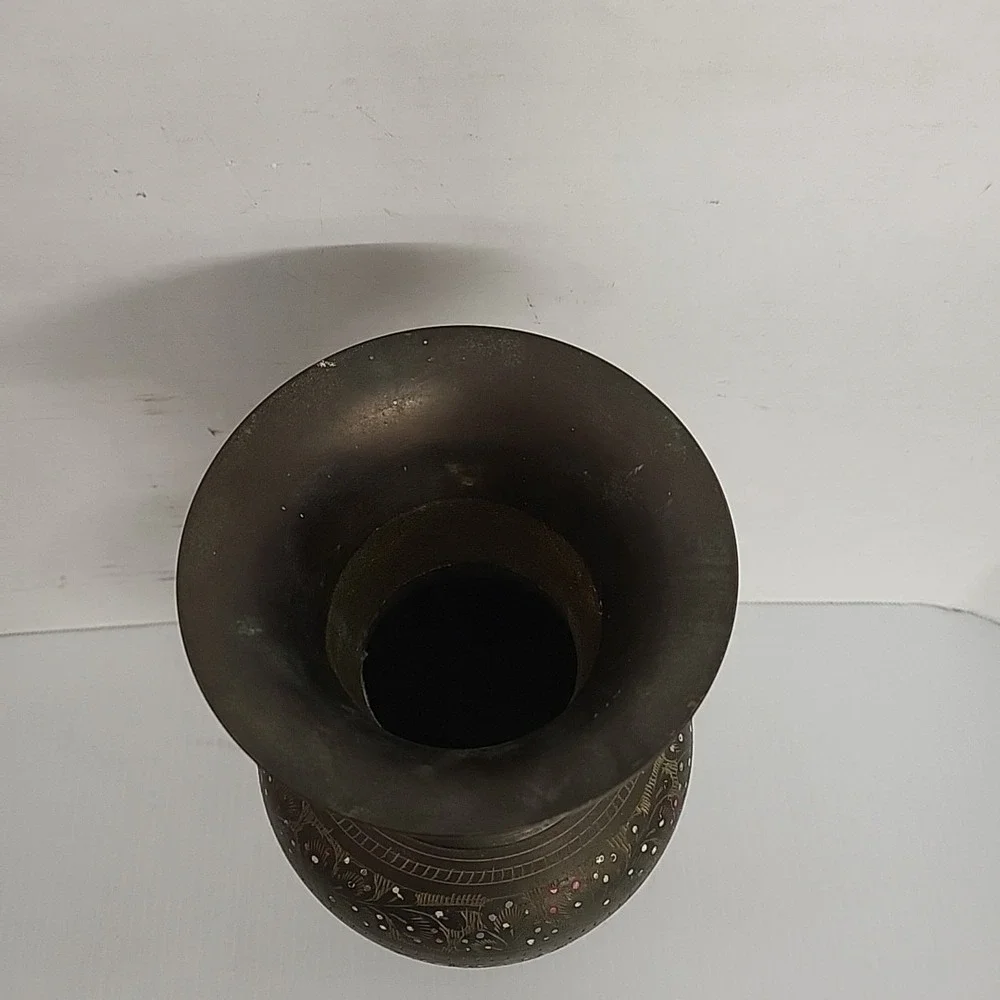 Vintage Brass Etched and Painted Vase Floral India Home Decor 12 Inch